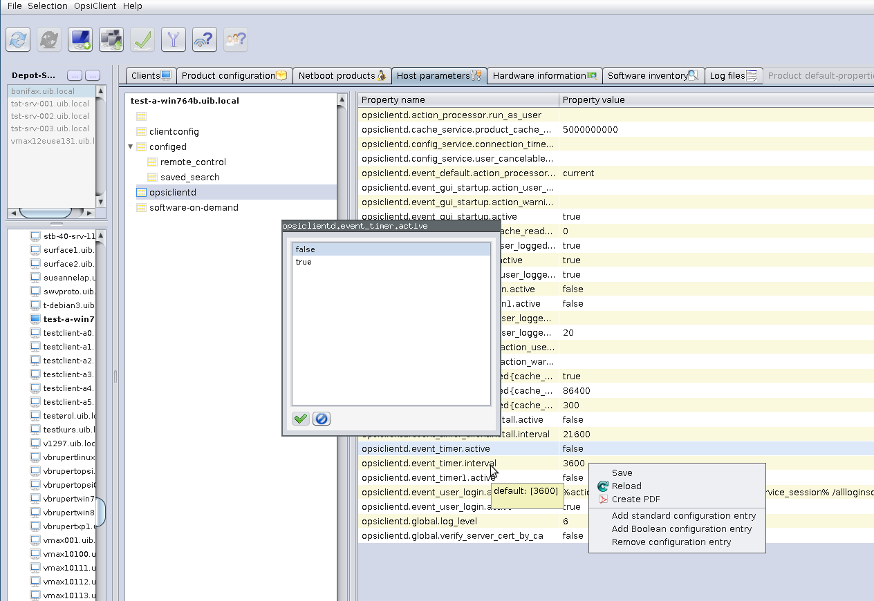 opsi-configed: Tab Host parameters (Server- and Client configuration)