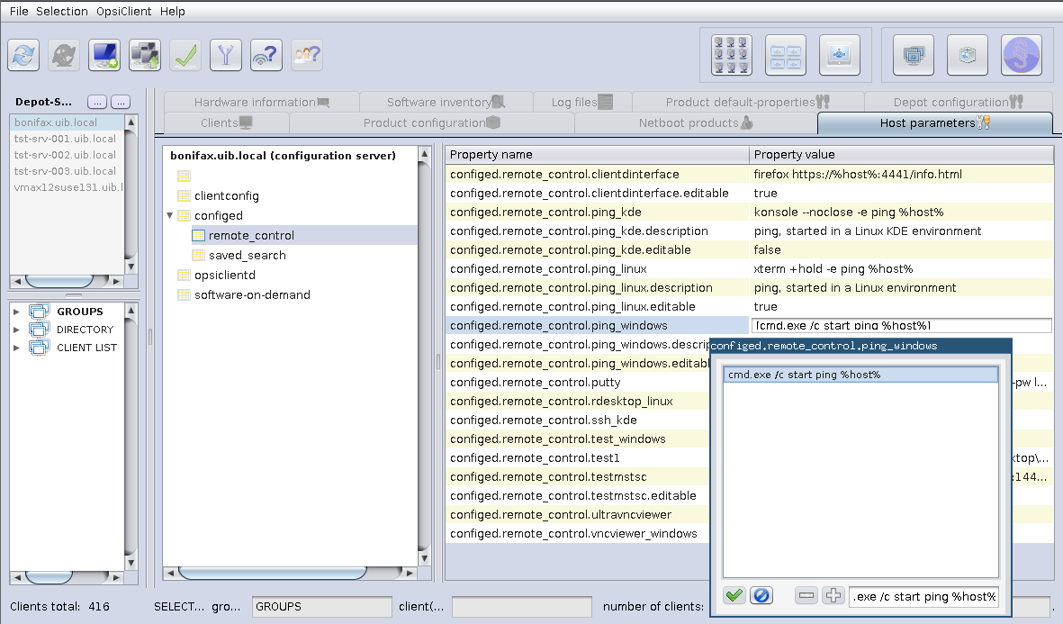 opsi-configed: Editing of remote control commands in the server properties editor